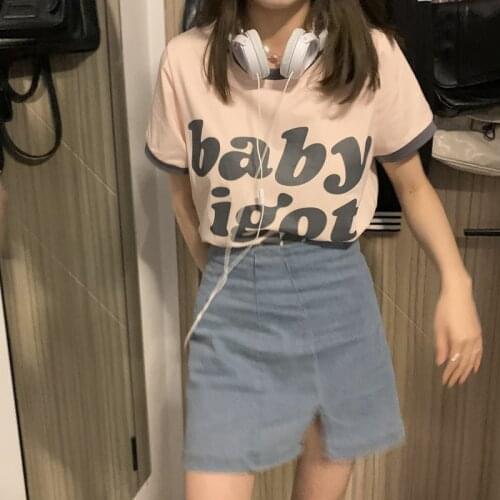 Color matching is super sweet~Korean candy powder color matching letters round neck short-sleeved T-shirt women