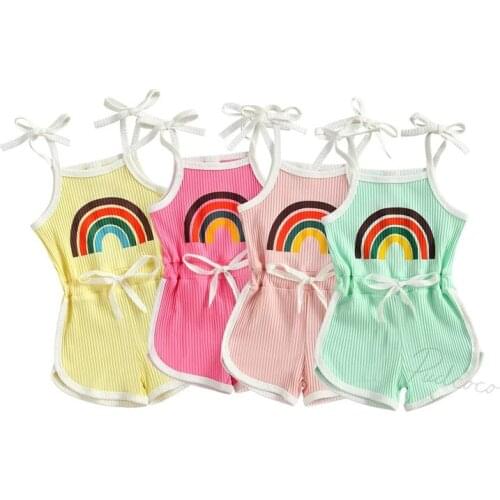 Infant Girls Sleeveless Ribbed Playsuit Rainbow Printed Pattern Off shoulder Suspender One-piece Blue/ Rosy/ Yellow/ Pink 6M-4T