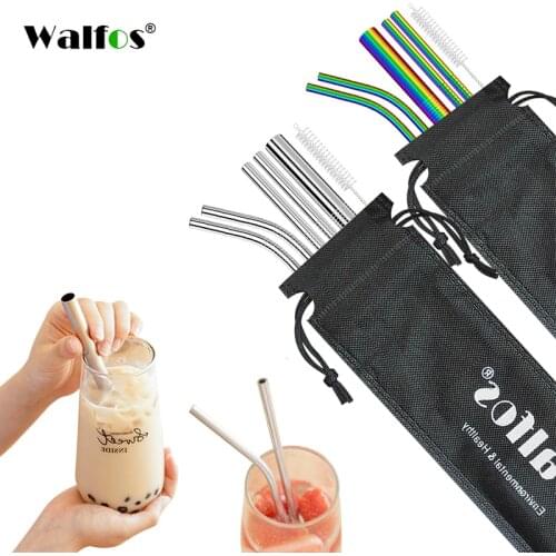 Walfos 7 Pcs / Set Reusable Christmas Stainless Steel Drinking Straws Metal Straw (2 Straight|2 Bent|1 Thick Straw|1 Brushes)