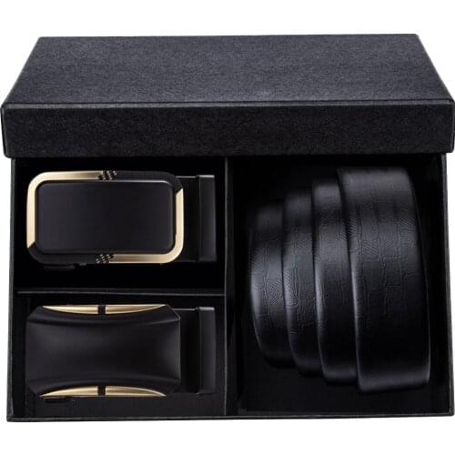 Barry.Wang Mens Belts Gift Box Set Automatic Buckle Genuine Leather Belt for Male Black Cowhide Belt for Business Wedding Party