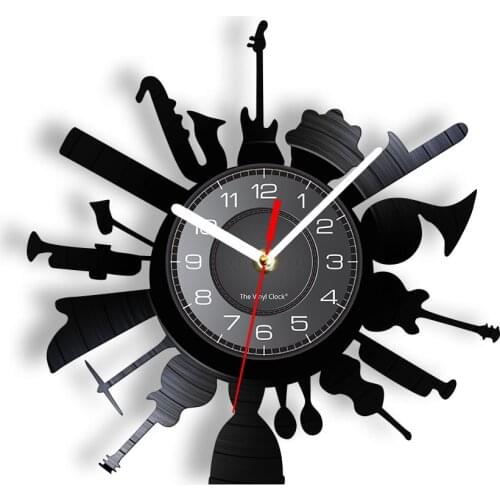 Music Instruments In Circle Vinyl Record CD Disc Wall Clock Music Studio Artwork Decor Retro Album Gramophone Record Wall Clock