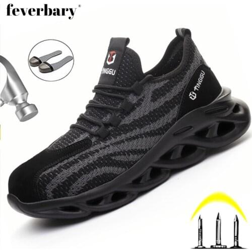 Feverbary Indestructible Safety Shoes Men Lightweight Steel Toe Cap Work Boots Sneakers Breathable Hiking Trainer
