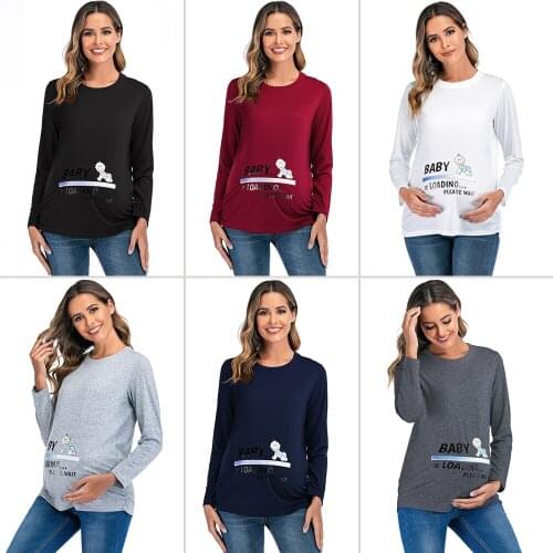 2020 Autumn Women Pregnancy Clothes Baby Is Loading Printed Maternity Long Sleeve T-Shirt Solid Top for Photography Photo Shoot