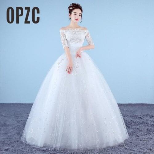 Customized White Princess Simple Wedding Dresses 2020 New Korean Style Lace Half Sleeve Boat Neck Bridal Gown vestido de noiva