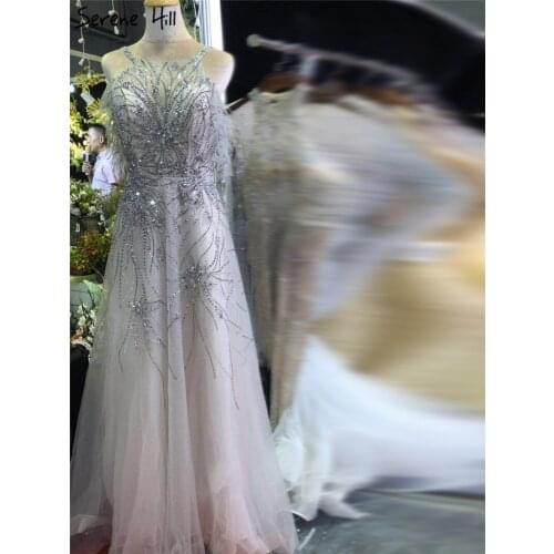 Real Photo Silver A-Line Sexy Prom Dresses 2020 Dubai Sleeveless Crystal Prom Gowns Serene Hill BA70172