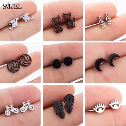 Multiple Black Stainless Steel Stud Earrings for Women Men Simple Volleyball Music Leaf Star Geometric Earings Jewelry Punk Gift