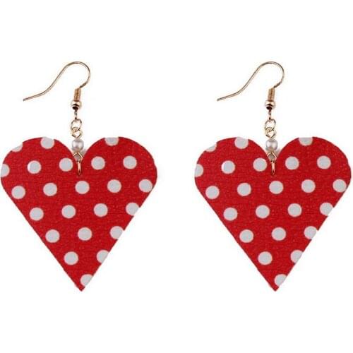 ZWPON Polka Dot Pattern Print PU Leather Teardrop Earrings Women Fashion Love Heart Earrings Valentines Day Jewelry Wholesale