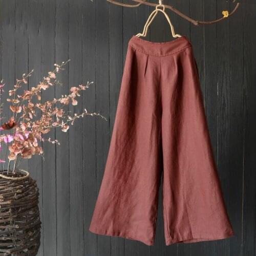 Loose Girls Cotton Linen Wide Leg Pants Vintage Spring Summer Casual Elastic Waist Trousers Women Retro Ladies Red Wine Pants