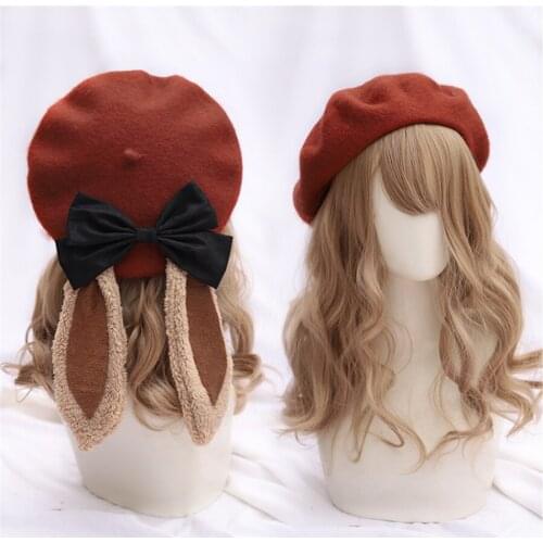 Lolita Mori Girl Vintage Winter Lop Ear Rabbit Berets Cap Wool Beret Girl Women Bowknot Painter Hat D561