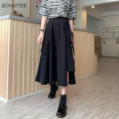 Skirts Women Black Mid-calf Hip Hop Dark Asymmetrical College A-line Young All Match Summer Casual Fashion Cool Girls Empire Ins