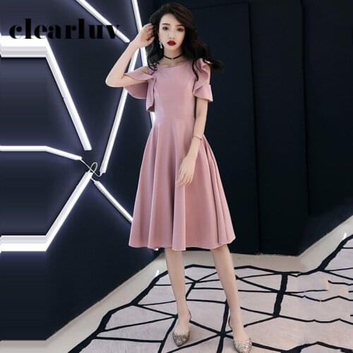 Solid Cameo Women Party Dresses DR337 A-Line Knee-Length Formal Prom Dress O-neck Elegant Gowns Short Sleeve Vestido De Gala