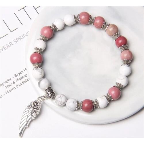Natural Rose pink Quartz Rhodochrosite gem stone beads Charm Bracelet for women fashion Metal wing charm bracelets jewelry gifts