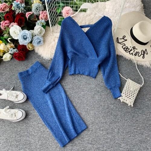 High Quality Two Piece Set Shining High Waist Dress Skirt Suits Women V Neck Elegant Bodycon Dress Autumn Winter Knitted Outfits