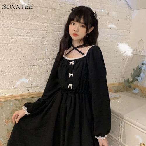 Dress Women Bow Kawaii Ulzzang Chic Lovely Girls Students All-match Dating Classy Tender Puff Sleeve A-line Casual Stylish New