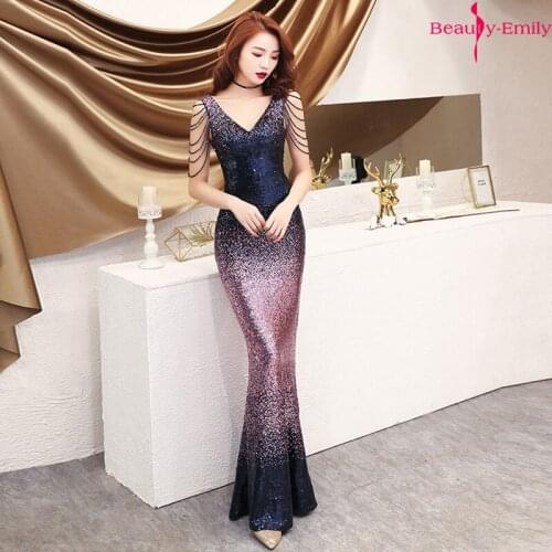 Sexy Double V Neck Contrast Color Mermaid Evening Dress Elegant Sequined Tank Sleeve Prom Dress Formal Party Dress with Tassel