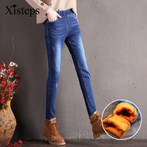 Xisteps Winter Thick Warm Velvet Women Jeans Stretch Pants Elastic Waist Long Trousers Skinny Jeans Female Denim Washed Pants