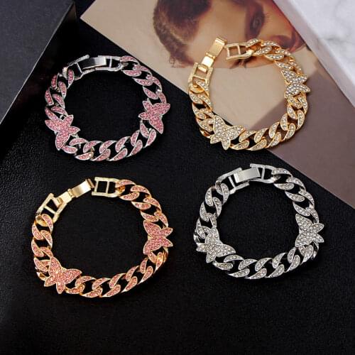 2021 Shine Crystal Cuban Link Chain Bracelet Female Iced Out Gold Silver Color Butterfly Bracelet Fashion Rhinestone Jewelry