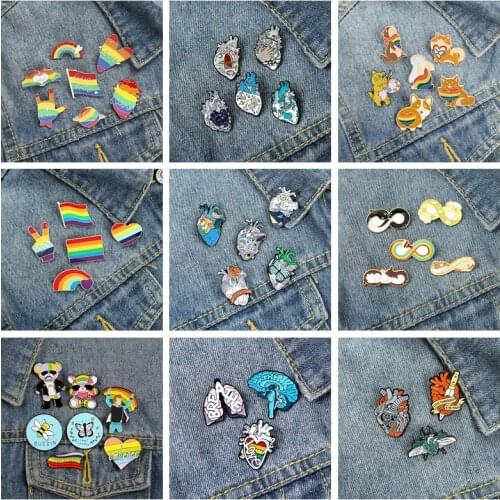3-9Pcs/Set Cartoon Rainbow Heart Enamel Pin Badge Fashion Multicolor Brooches Bag Lapel Pin Jewelry For Women Kid Gift Wholesale