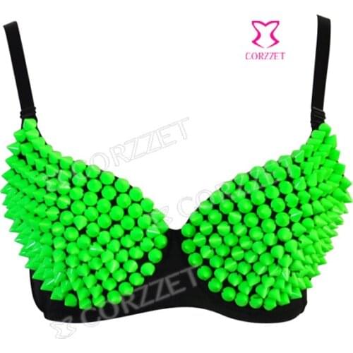 Sexy Clubwear Women Brassiere Green Spike Stud Rivet Push Up Underwire Bra Bralet Top Rave Kandi Punk Corsage32B 34B 36B 38B 40B