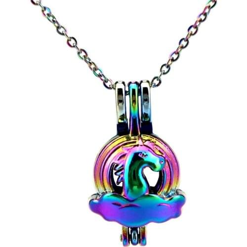C773 Rainbow Color Lovely Horse Beads Cage Pendant Locket Necklace Aroma Essential Oil Diffuser