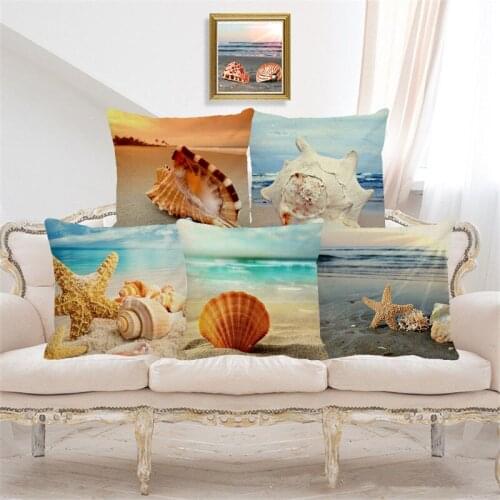 XUNYU Beach Style Cushion Cover Beautiful Shell Pattern Linen Printed Pillowcase Home Sofa Decorative Pillowcase 45x45cm A003