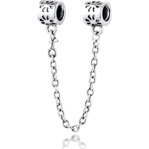 CKK Flower Safety Chain Charms 925 Original Fit Pandora Bracelets Sterling Silver Beads for Jewelry Making Women