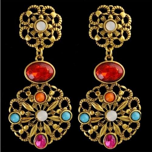 Gypsy Vintage Carved Flower Rhinestone Long Drop Dangle Earrings Gold Statement For Women Indian Turkish Thailand Ethnic Jewelry