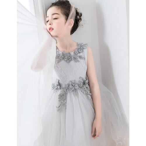Brithday Kids Dresses for Girls Elegant Gray Flower Girl Vestido Infantil Festa Kids Clothes 4 6 8 10 12 14 Years Old RKF184026
