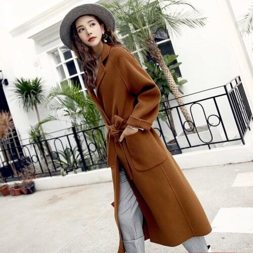Autumn winter Caramel double-sided tweed cashmere free coat 100% wool tweed coat double-sided cashmere medium length