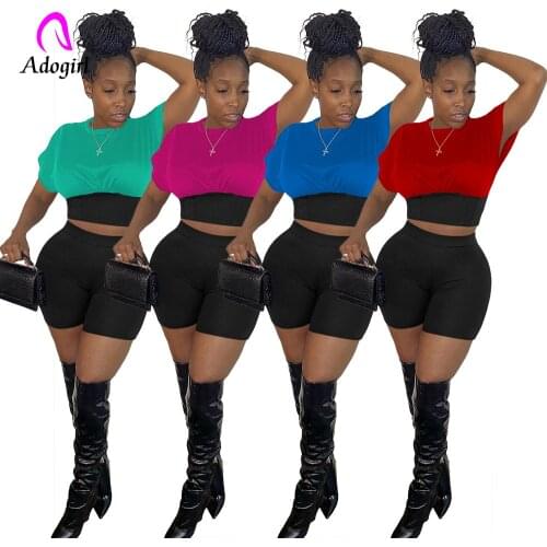 Fitness Women 2 Piece Set Short Sleeve Crop Top + Skinny Biker Shorts Matching Set 2021 Summer Short Jogger Set Active Tracksuit