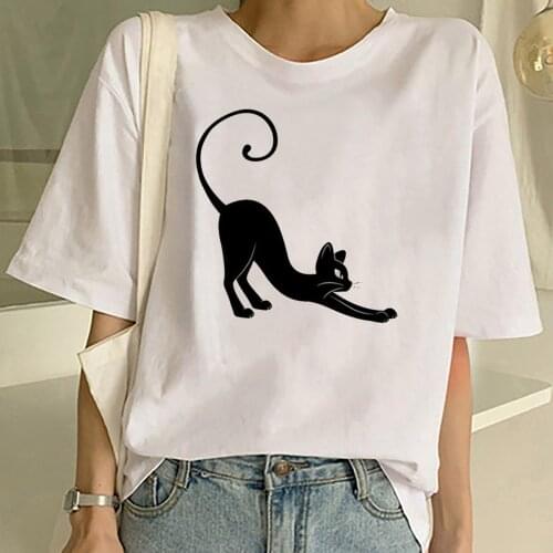 Kawaii Cat Funny Cartoon Graphic T-shirt Women Cute Animal Casual Basic Loose Basic Tshirt Top Tee Female Camisetas De Mujer