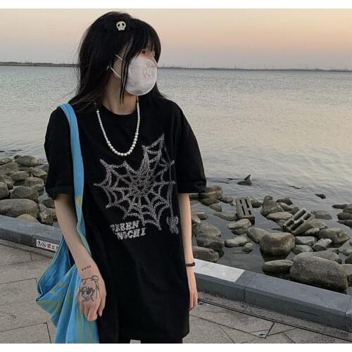 Gothic rhinestone spider web hot rhinestone Oversized t-shirt y2k top Womens Anime Harajuku Kawaii Female clothing fairy grunge