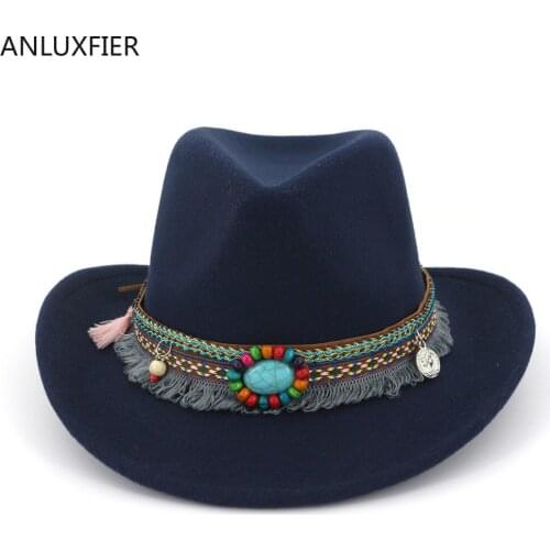 H7551 Autumn Winter Wool Felt Fedoras Hat Male Female Couple Woolen Cap Women Men Ribbon Tassel Church Banquet Party Casual Caps