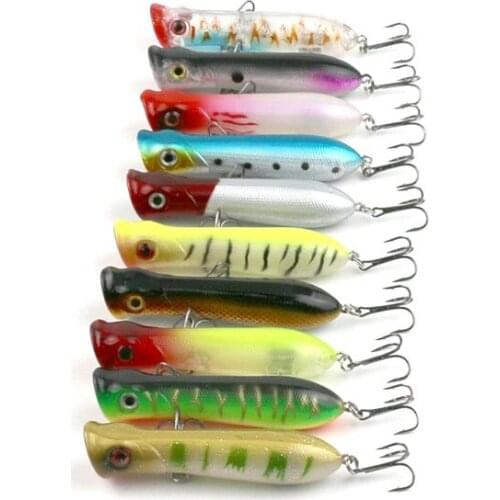 HiUmi 10pcs 8cm 11g Popper Fishing Lure 6# Hook Artificial Wobbler Poper Hard Bait Tackle Swimbait Fishing Lure