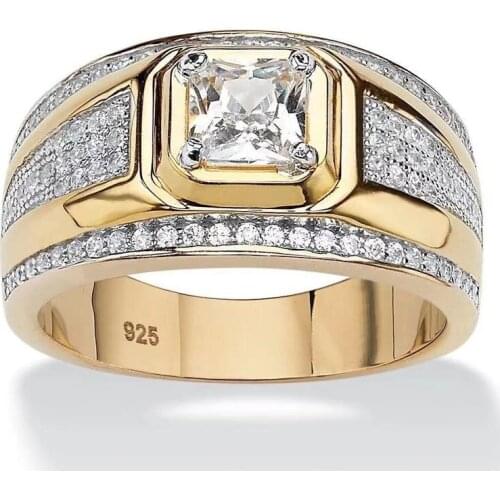 Classic Mens Gold Plated Color Ring Domineering Square Cut White Zircon Wedding Business Finger Ring Male Fashion Jewelry