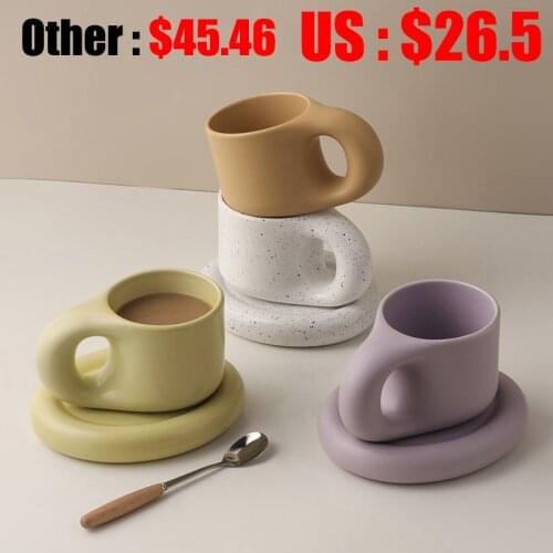 300ml Creative Handmade Fat Handle Mug and Oval Plate Personalized Ceramic Cup Saucer For Coffee Tea Milk Cake Nordic Home Decor