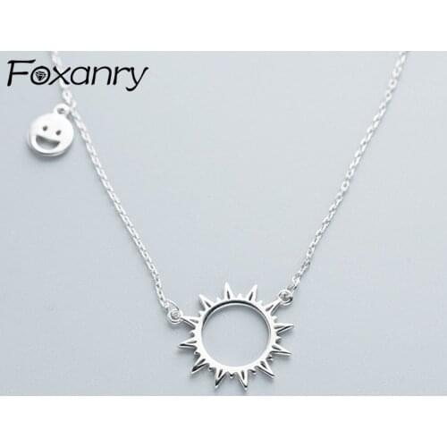 Foxanry INS Fashion 925 Sterling Silver Clavicle Chain Necklace Vintage Accessories Hollow Sun Flower Smiley Face Party Jewelry