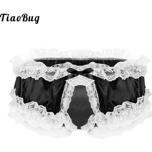 TiaoBug Mens Shiny Soft Satin Fabric Ruffled Lace Lingerie Super Frilly Ruffled Crotchless Gay Sissy Briefs Underwear