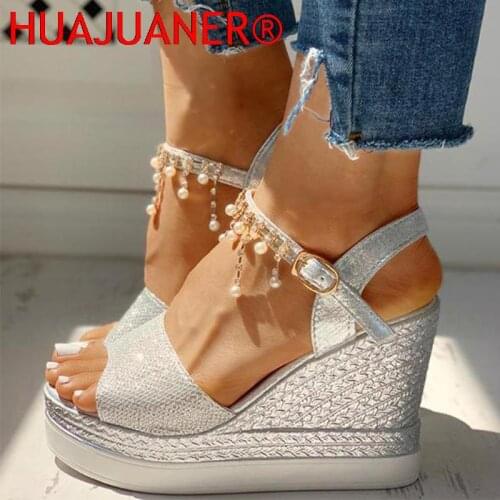 2021 New Women Wedge Sandals Summer Bead Studded Detail Platform Sandals Buckle Strap Peep Toe Thick Bottom Casual Shoes Ladies