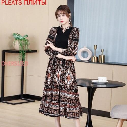 Miyake Pleated Dress Large Size Retro Floral Design Slim Female Stand-up Collar Waist Midi Dresses Pleats Vestido