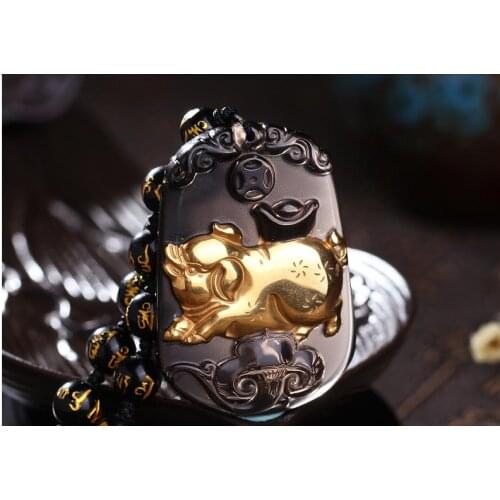 A natural Obsidian Zodiac Pendant Necklace twelve zodiac Zodiac mascot pig Pendant