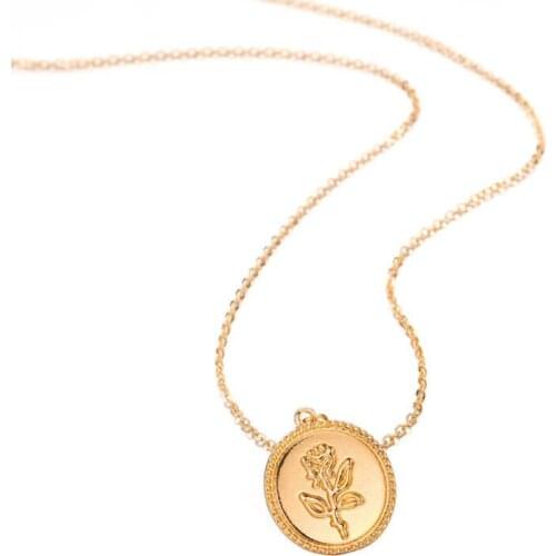 Simple Rose Flower Long Pendant Jewelry Coin Necklace Alloy Chain Gold Color Round for Women Gift