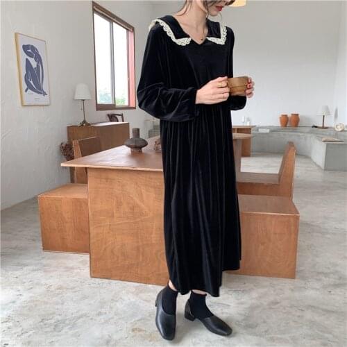 High Waist Straight Loose Casual Dresses Women Spring Black Lace Sailor Collar Long Sleeve Long Dress Vintage Velvet