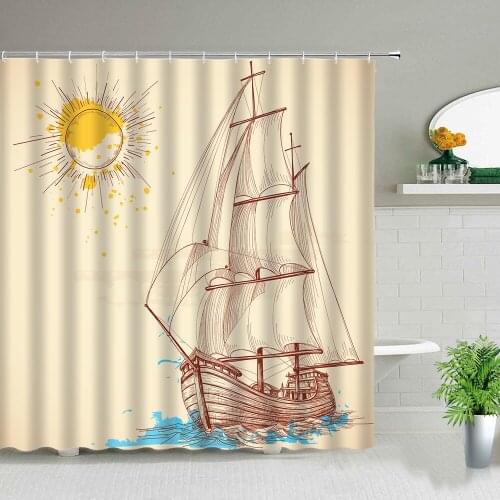 Sailboat Navigation Sunlight Ocean Scenery Shower Curtain Sea Waves Landscape Bath Screen Waterproof Fabric Bathroom Curtains