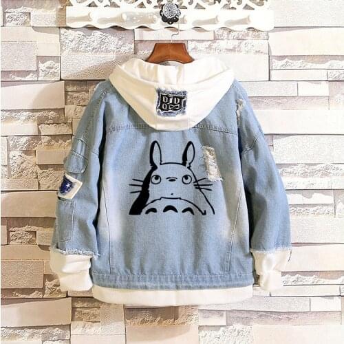 Japanese Anime Totoro Men Women Oversized Hoodie Cartoon Casual Jacket Hooded Denim Jean Hoodies Sweatshirts Fashion Sweatshirt