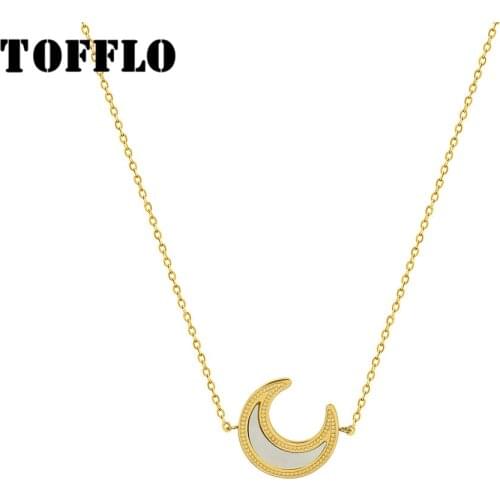 TOFFLO Stainless Steel Jewelry White Seashell Moon Pendant Necklace Womens Natural Shell Simple Clavicle Chain BSP1058