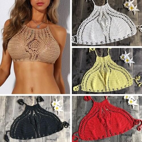 Women Tank Tops Shirt Plain White Halter Vest Strap Crop Tops Bra Beach Bikini Summer Short Vest Sexy Hollow Out Crochet Bikini