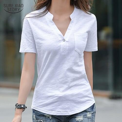 2021 Button Slub Cotton Short-sleeved Lady T-shirt Summer New V-neck Women T-shirt Plus Size Female Loose Top Women Tunic 15645