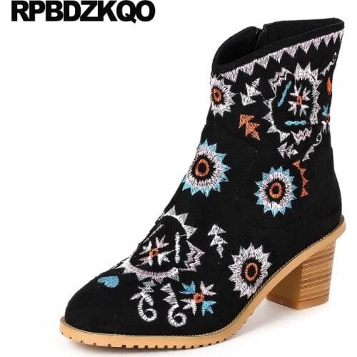 Women Ankle Boots 2016 Round Toe Fall Casual Black Chunky Suede Embroidered Embroidery Shoes Chinese High Heel Autumn 2017