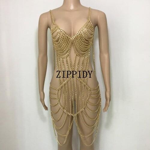 Sexy Nightclub Dance Womens Costume Gold Chains Outfit Design Party Female Singer Dancer Stage Performance Show Wear